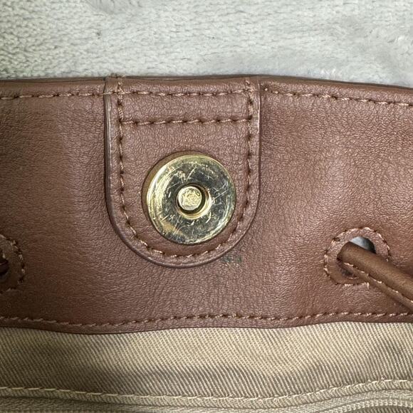 Talbots Leather Bucket Bag Womens Brown Red Equestrian Print Drawstring Shoulder - Picture 8 of 15